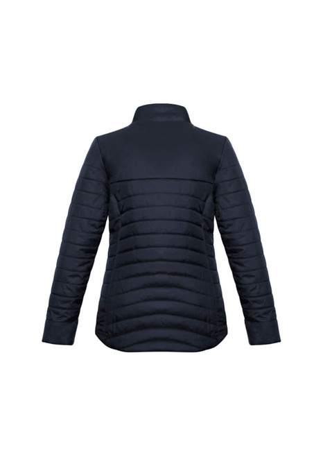 A women's puffer jacket in navy blue, featuring a high collar and a sleek, quilted design.