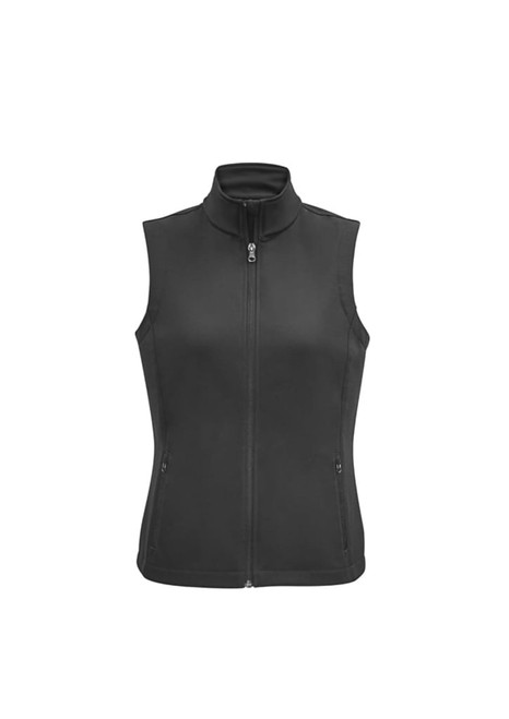 A women's black vest with a high collar, zip front, and two side pockets, featuring a logo.