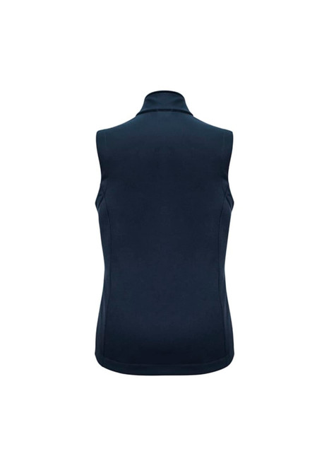 A navy women's vest featuring a high collar and no sleeves, with a logo on the back.