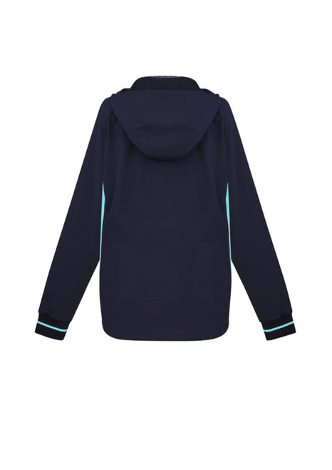A navy blue ladies jacket with a hood, featuring contrasting light blue accents and a logo.