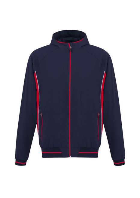 A navy blue soft shell jacket with red accents and a zip-up front, featuring side pockets and a logo.
