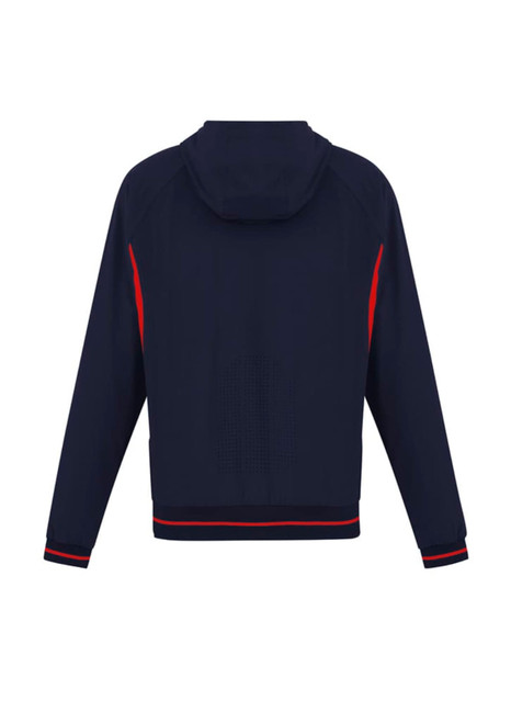 A men's soft shell jacket in navy with red accents and a hood, featuring a logo on the side.