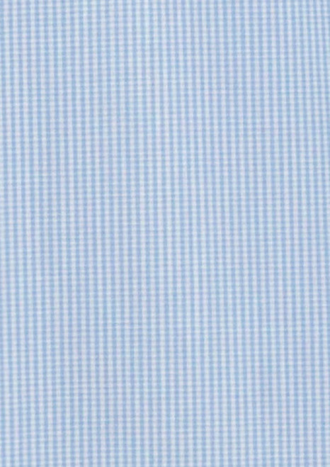 A light blue micro check fabric ideal for a men's button-up shirt, featuring a subtle check pattern and a branding logo.