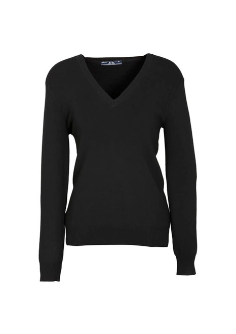 A black women's V-neck knit pullover with long sleeves and a fitted design. It features a logo on the label.
