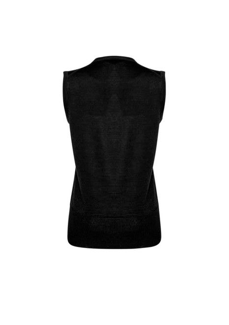 A black sleeveless vest with a textured finish, featuring a simple design and a logo.