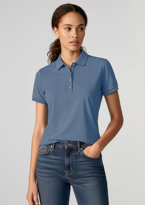 A women's short sleeve polo shirt in a soft blue colour, complemented by a collar and button placket.