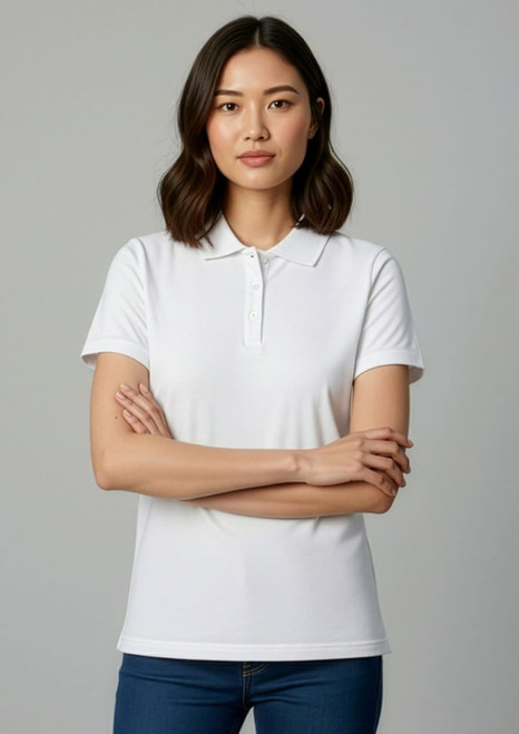 A white women's short sleeve polo shirt featuring a classic collar and a logo.