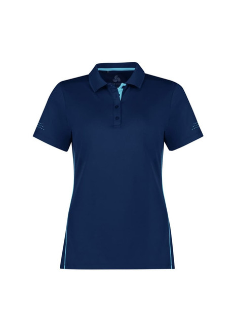 A women's short sleeve polo shirt in navy blue with light blue accents and a logo on the chest.