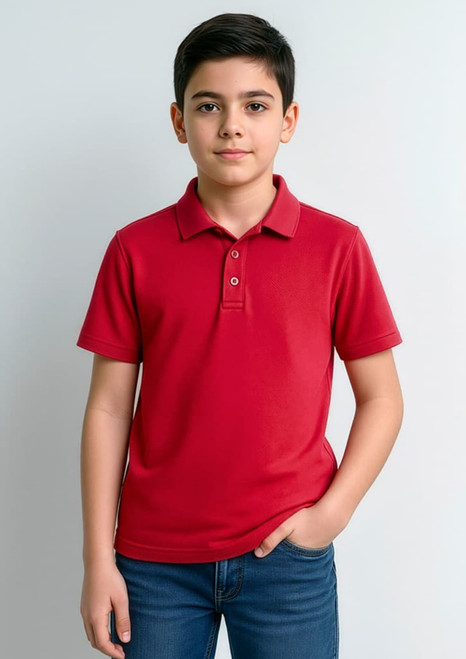 A red short sleeve polo shirt for kids, featuring a collar and three-button placket, worn by a young boy.