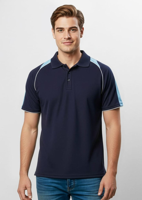 A navy blue men's polo shirt with light blue accents, featuring short sleeves and a collar. There is a logo on the chest.