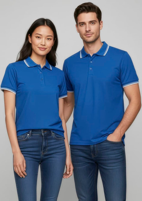 A blue short sleeve polo shirt for women and men, featuring contrasting collar and sleeves, with a logo.