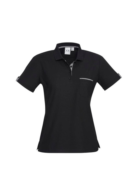 A women's short sleeve polo shirt in black, featuring a pocket and contrasting trim. It has a logo on the chest.