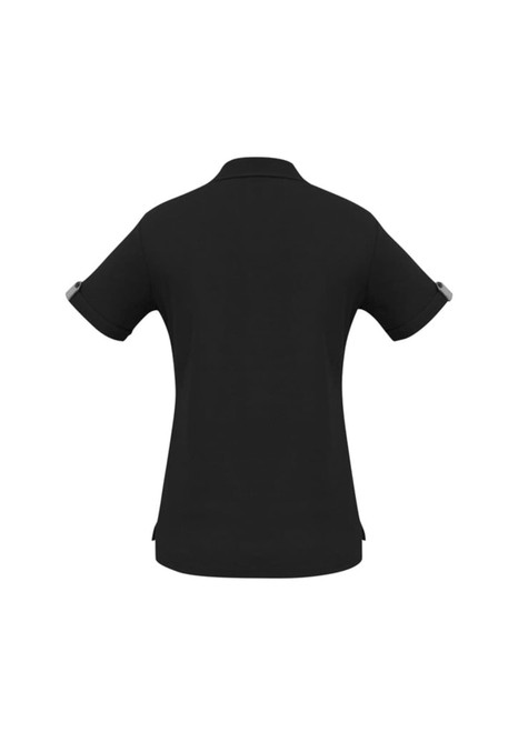 A black women's polo shirt with short sleeves and a subtle logo on the sleeve.