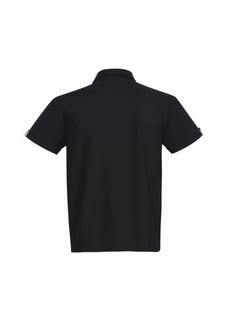 A black short sleeve polo shirt with a collar and a logo on the sleeve.