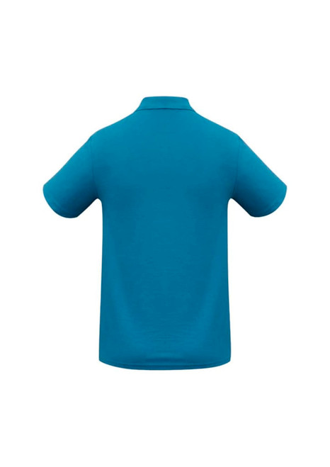 A turquoise crew men's polo shirt with a classic collar and short sleeves, featuring a logo.