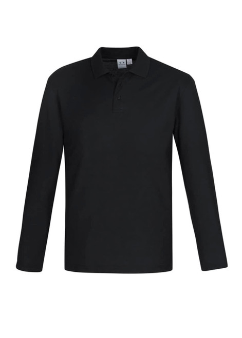 A long sleeve polo shirt in black, featuring a collar and a logo on the chest.