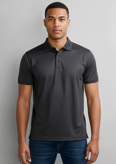 A dark grey men's short sleeve polo shirt with a collar and a logo on the chest.