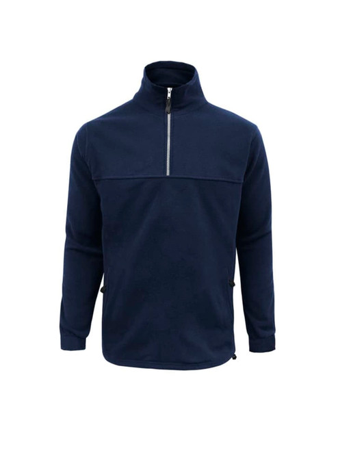 A navy blue men's heavy weight fleece jumper featuring a half zip and side pockets. It has a logo on the front.