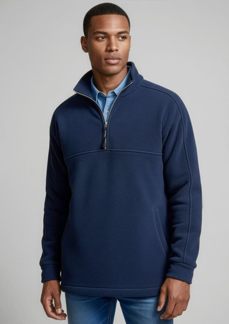A navy men's heavy weight fleece jumper with a zip collar, featuring a contrasting panel across the chest.