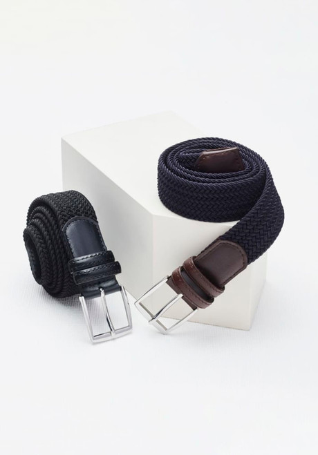 A dark blue braided belt and a black woven belt both featuring silver buckles, displayed on a white pedestal.