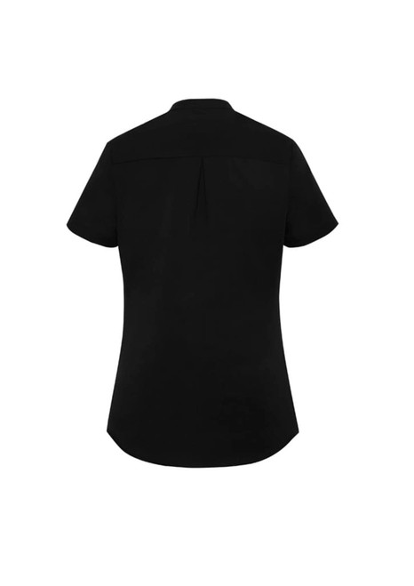 A black short sleeve blouse with a curved hem and a small pleat at the back. It includes a logo.
