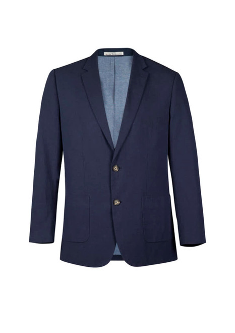 A navy blue men's blazer featuring a two-button closure and a classic lapel design. It includes an inner lining.
