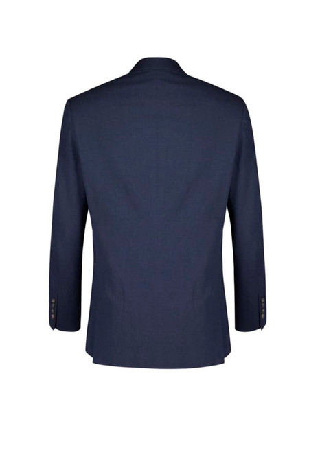 A navy blue men's blazer with a tailored fit, featuring long sleeves and a back vent.