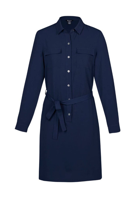 A navy blue dress with a button-up front, two chest pockets, and a tie belt at the waist. It has long sleeves.