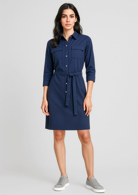 A navy women's dress with a button-up front, collar, and a matching belt. It features two chest pockets and three-quarter sleeves.