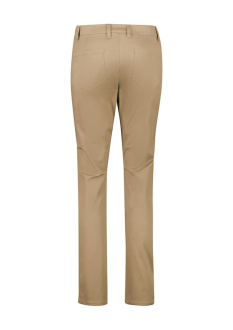 Slim leg stretch chino pants in beige, featuring a smooth back design and a branded logo.
