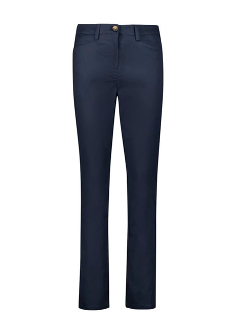 A pair of women's slim leg stretch chino pants in navy, featuring a front button closure and pockets.