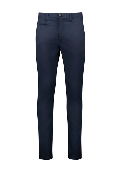 Men's tapered stretch chino pants in navy blue, featuring front and back pockets and a branded logo.