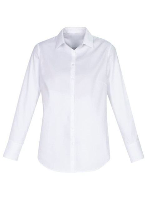 A white long sleeve button-up shirt with a classic collar and cuffs, featuring a logo.