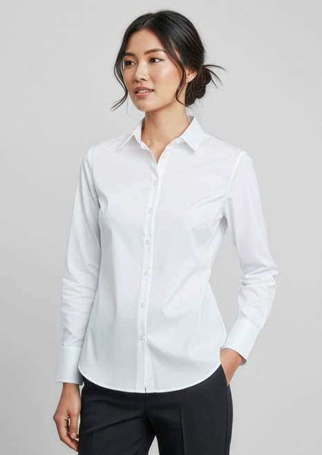 A white button-up shirt with a tailored fit and long sleeves, featuring a collar and a logo.
