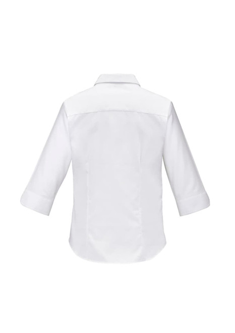 A white women's luxe 3/4 sleeve button-up shirt, featuring a classic collar and a smooth back design.