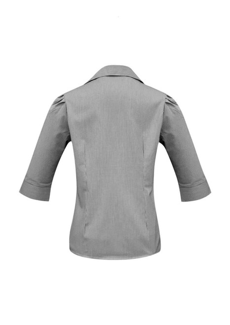 A 3/4 sleeve button-up shirt in grey with a fitted back and a collar, featuring subtle striped patterns.