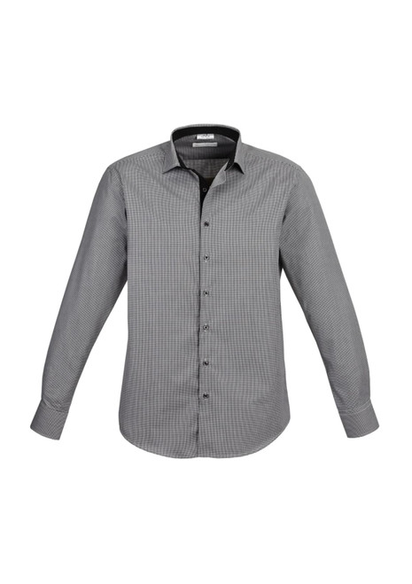 A button-up long sleeve shirt in grey with a subtle pattern and contrasting black collar. It features a logo.