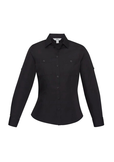 A black button-up long sleeve shirt featuring two chest pockets and a logo.