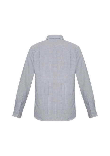 A long-sleeve, button-up shirt in a light grey and white striped pattern, featuring a classic collar and cuffs.