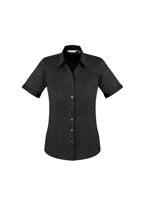 A black short sleeve button-up shirt with a fitted design and rolled sleeves, featuring a logo.
