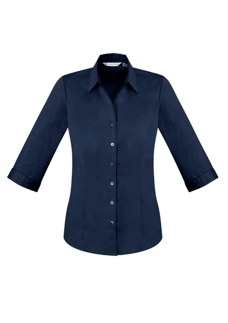A navy blue ladies' button-up shirt with 3/4 sleeves and a collar, featuring a logo.