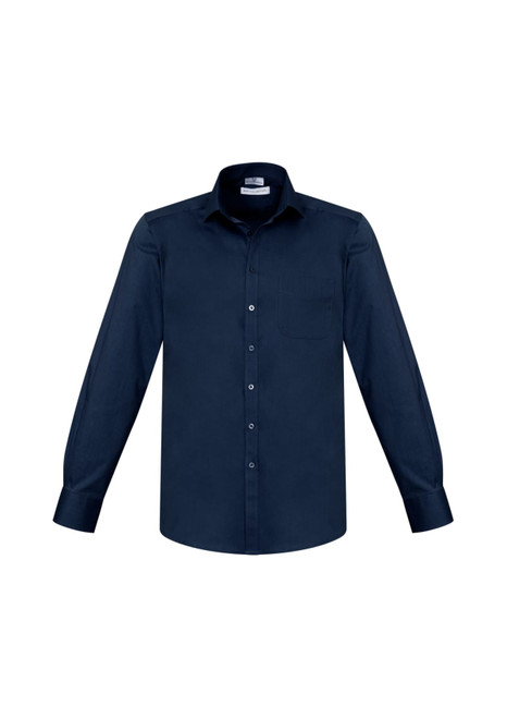 A navy long sleeve button-up shirt with a single chest pocket and a collar. It features a logo on the label.