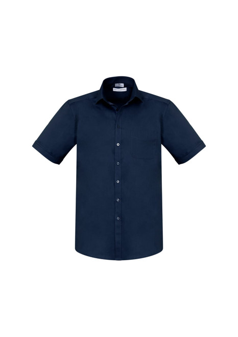 A navy short sleeve button-up shirt featuring a collar and a chest pocket, with a logo on the tag.