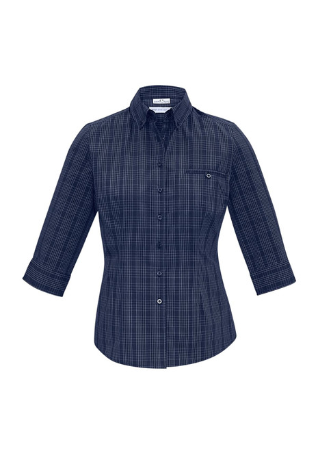 A navy blue women's button-up shirt with 3/4 sleeves and a checkered pattern, featuring a chest pocket.