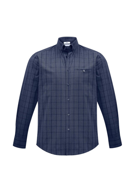 A men's long sleeve button-up shirt featuring a navy and white check pattern, with a chest pocket and a collar.