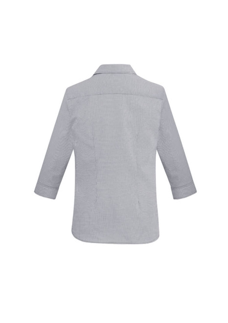 A grey women's Jagger 3/4 sleeve button-up shirt featuring a classic collar and a back seam detailing.