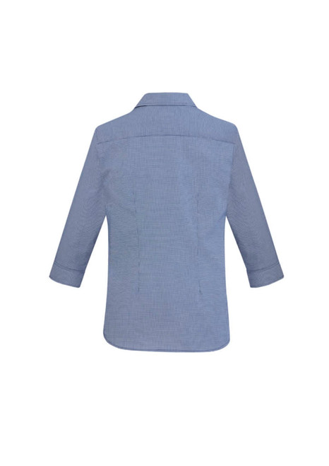 A blue, button-up women's shirt with 3/4 sleeves and a collar, featuring a logo on the back.