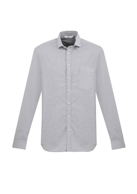 A grey button-up long sleeve shirt featuring a chest pocket and a branded label.