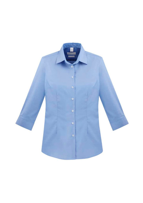 A blue women's button-up shirt with 3/4 sleeves and a collar, featuring a logo on the chest area.