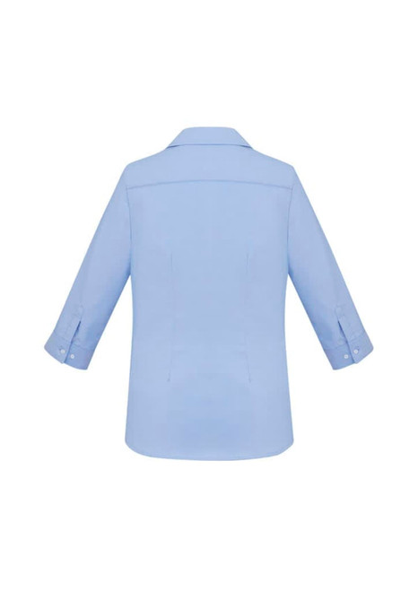 A light blue women's button-up shirt with 3/4 sleeves and a collar, featuring a logo.
